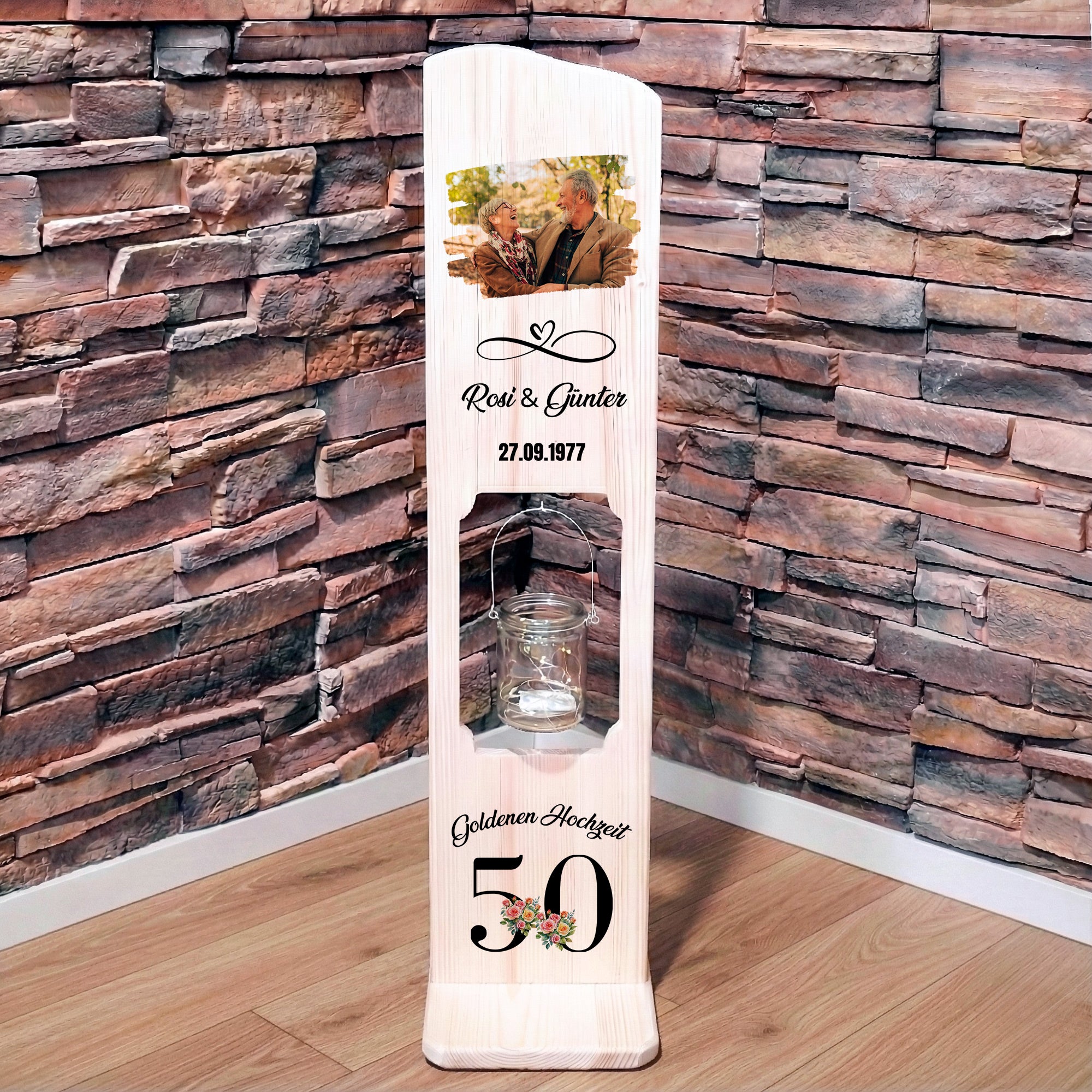 Holz Deko Schild - 50 jähriges Jubiläum Goldene Hochzeit personalisiert mit Foto, Namen & Datum