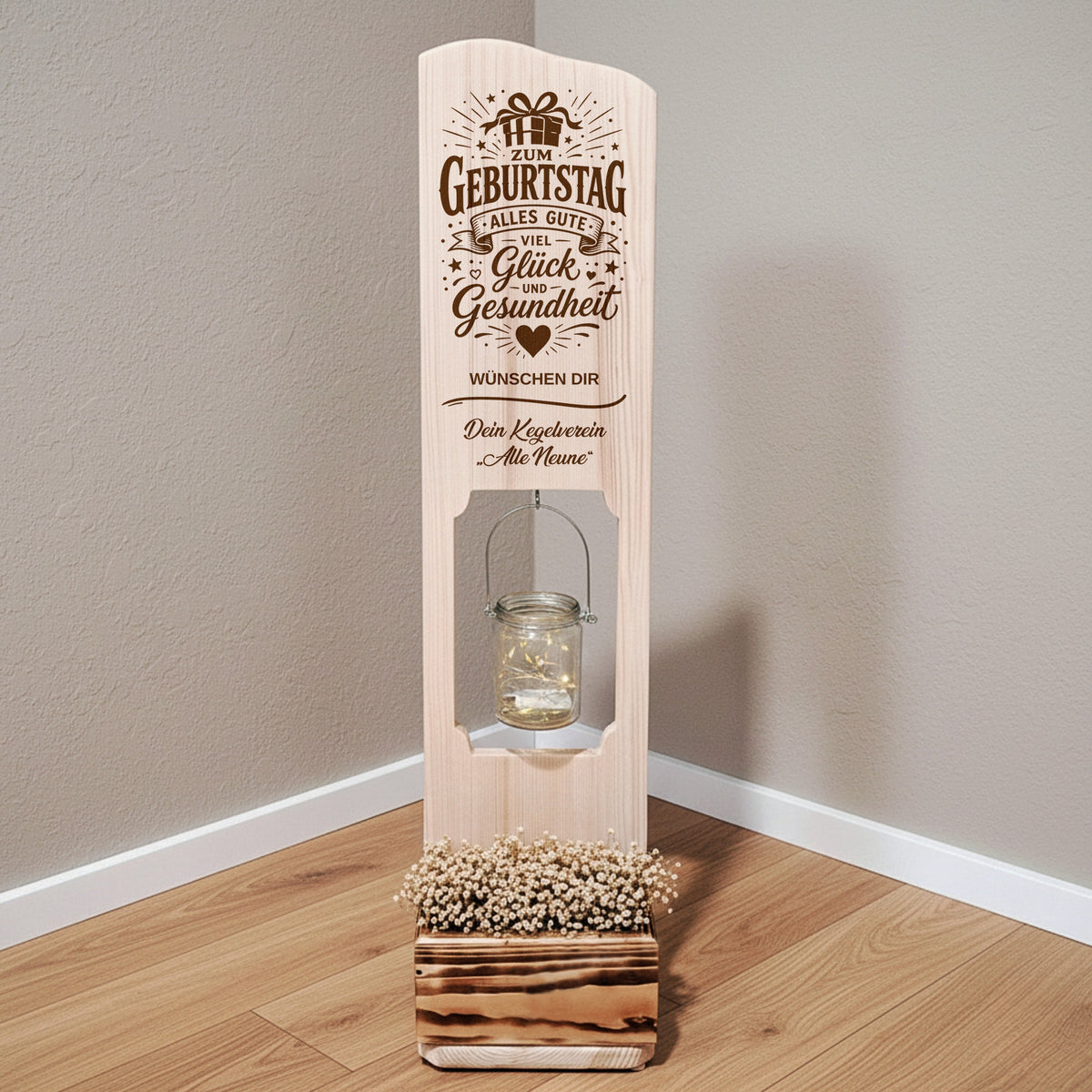 Holz Deko Schild – Geburtstagsgeschenk personalisiert – Lasergravur mit Wunschtext & LED-Glas