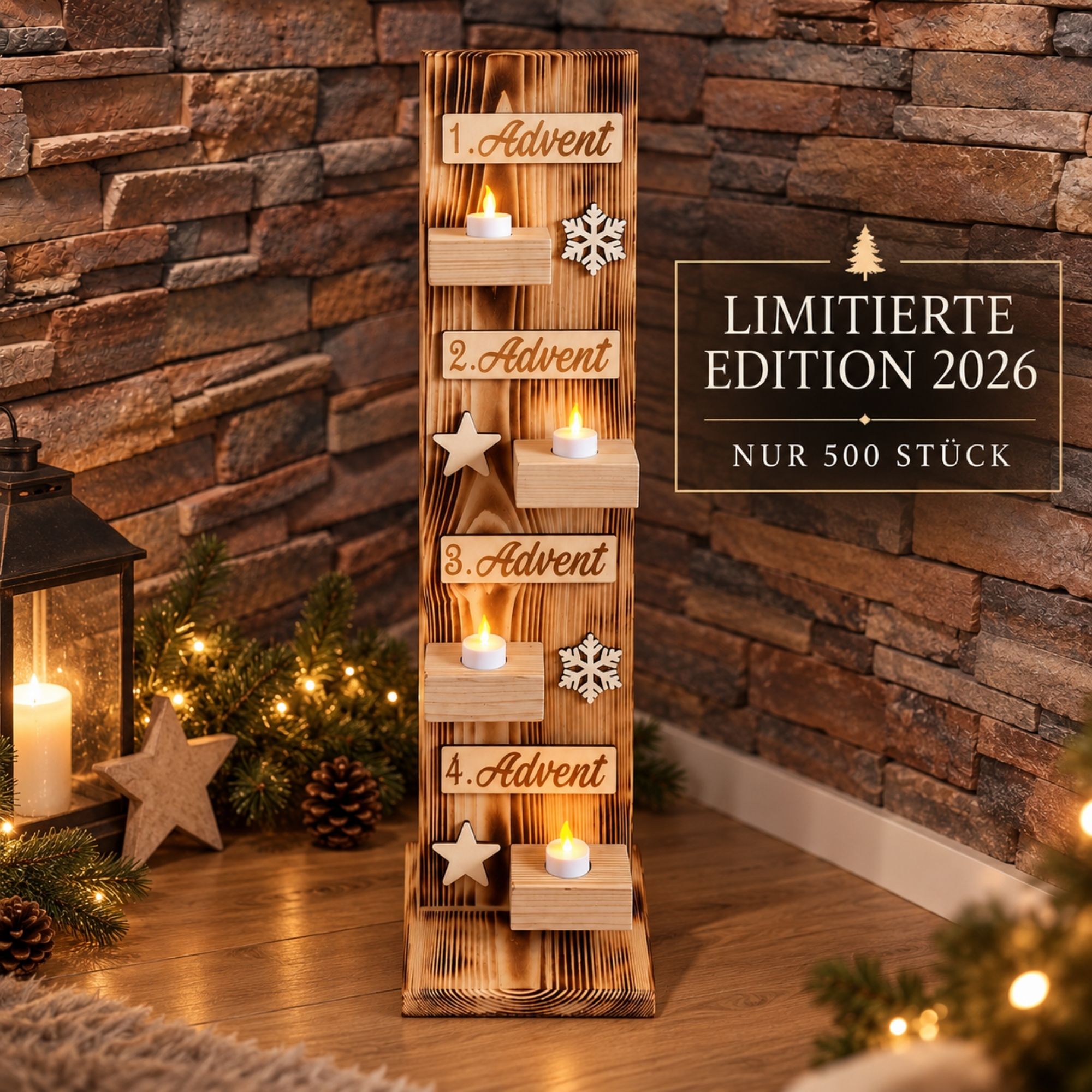 Adventsaufsteller aus Holz mit 4 LED-Kerzen – Limitierte Edition 2026