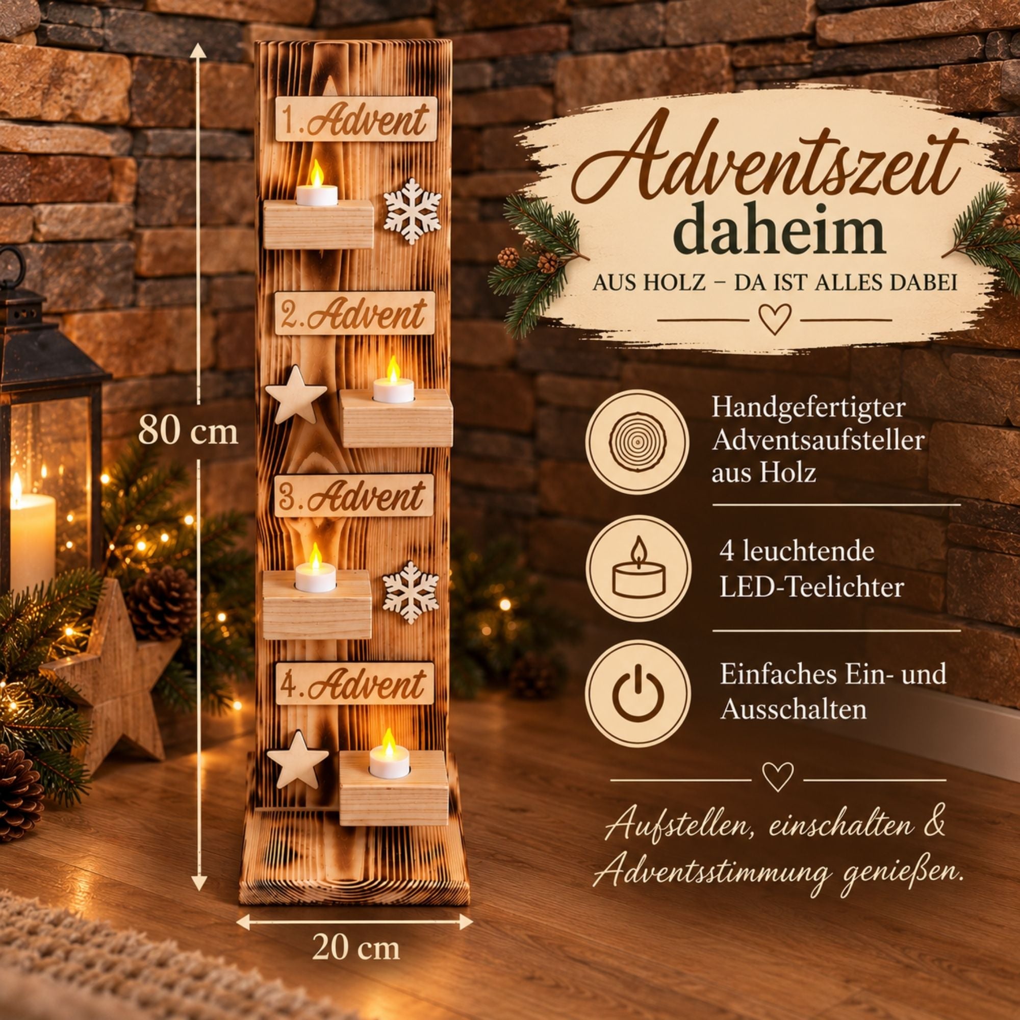 Adventsaufsteller aus Holz mit 4 LED-Kerzen – Limitierte Edition 2026