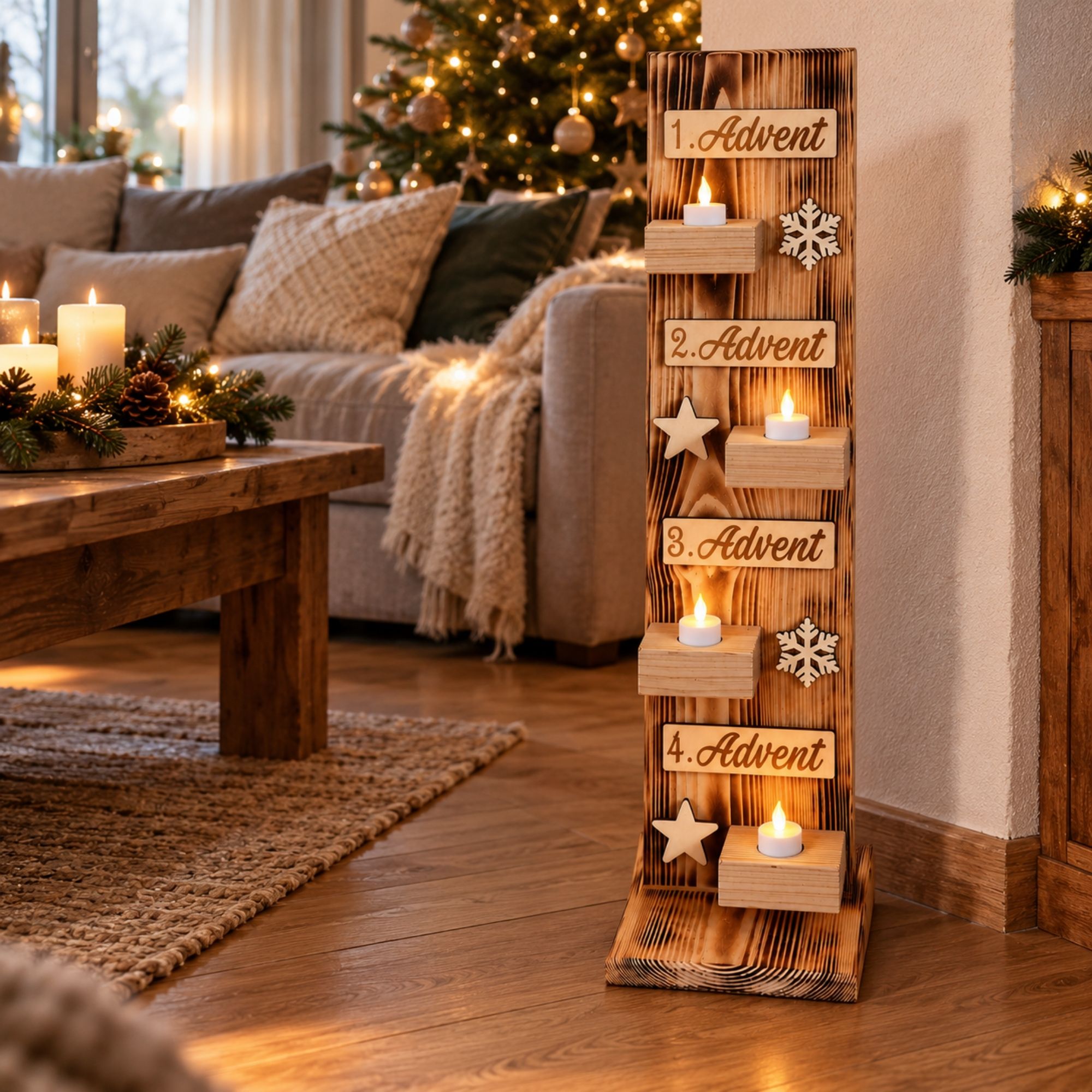 Adventsaufsteller aus Holz mit 4 LED-Kerzen – Limitierte Edition 2026