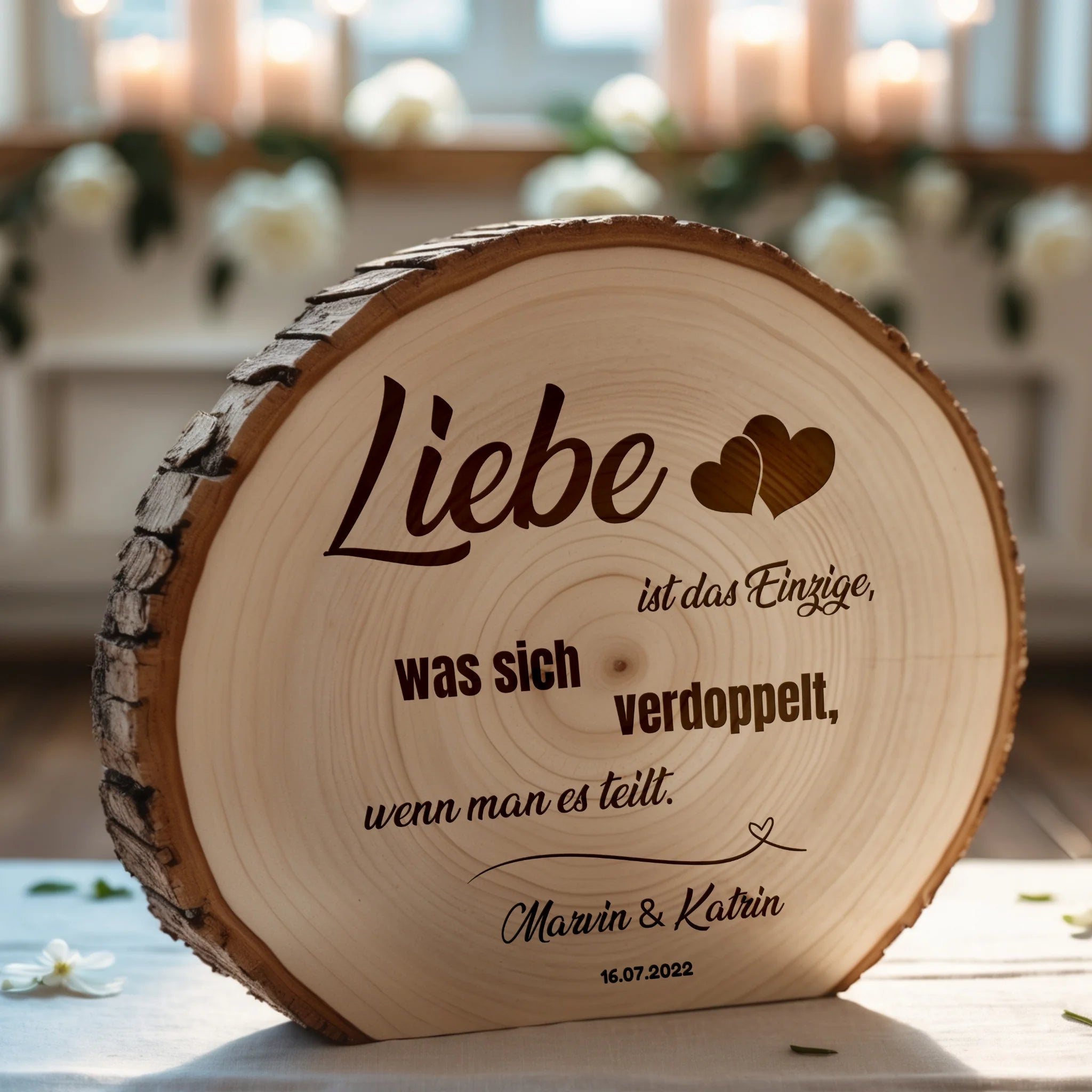 Baumscheibe – Personalisiert mit Namen & Datum – Liebe verdoppelt sich, wenn man sie teilt