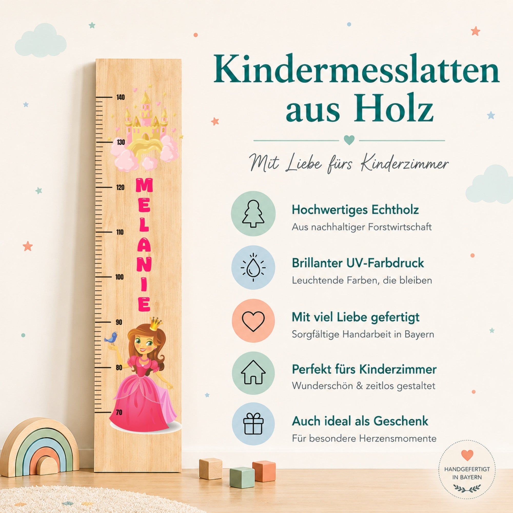 Kindermesslatte aus Holz – Prinzessin – Personalisierte Messlatte für Mädchen – Farbig bedruckt