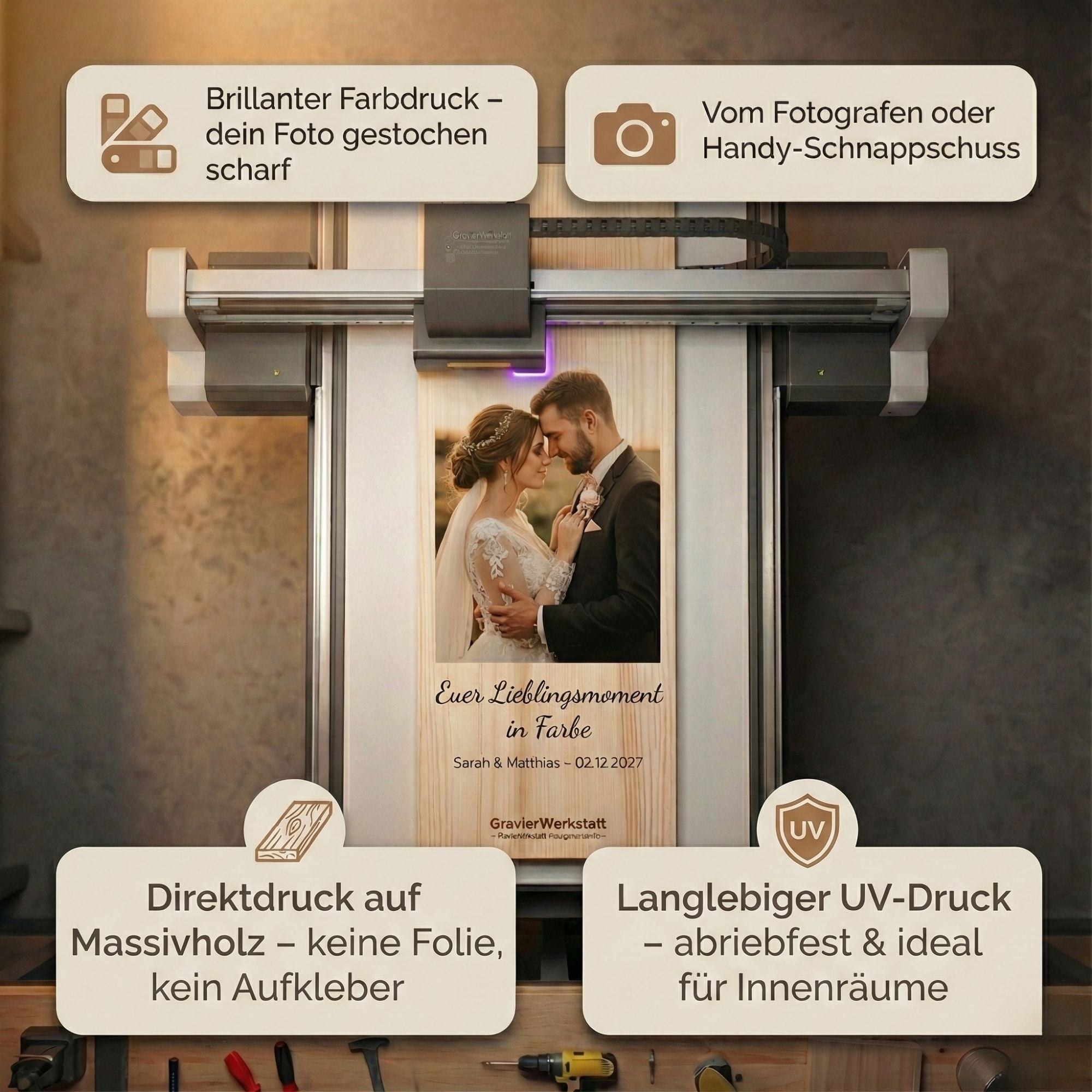 Holz Deko Schild – Mit Gravur, Wunschdatum & Foto des Paares