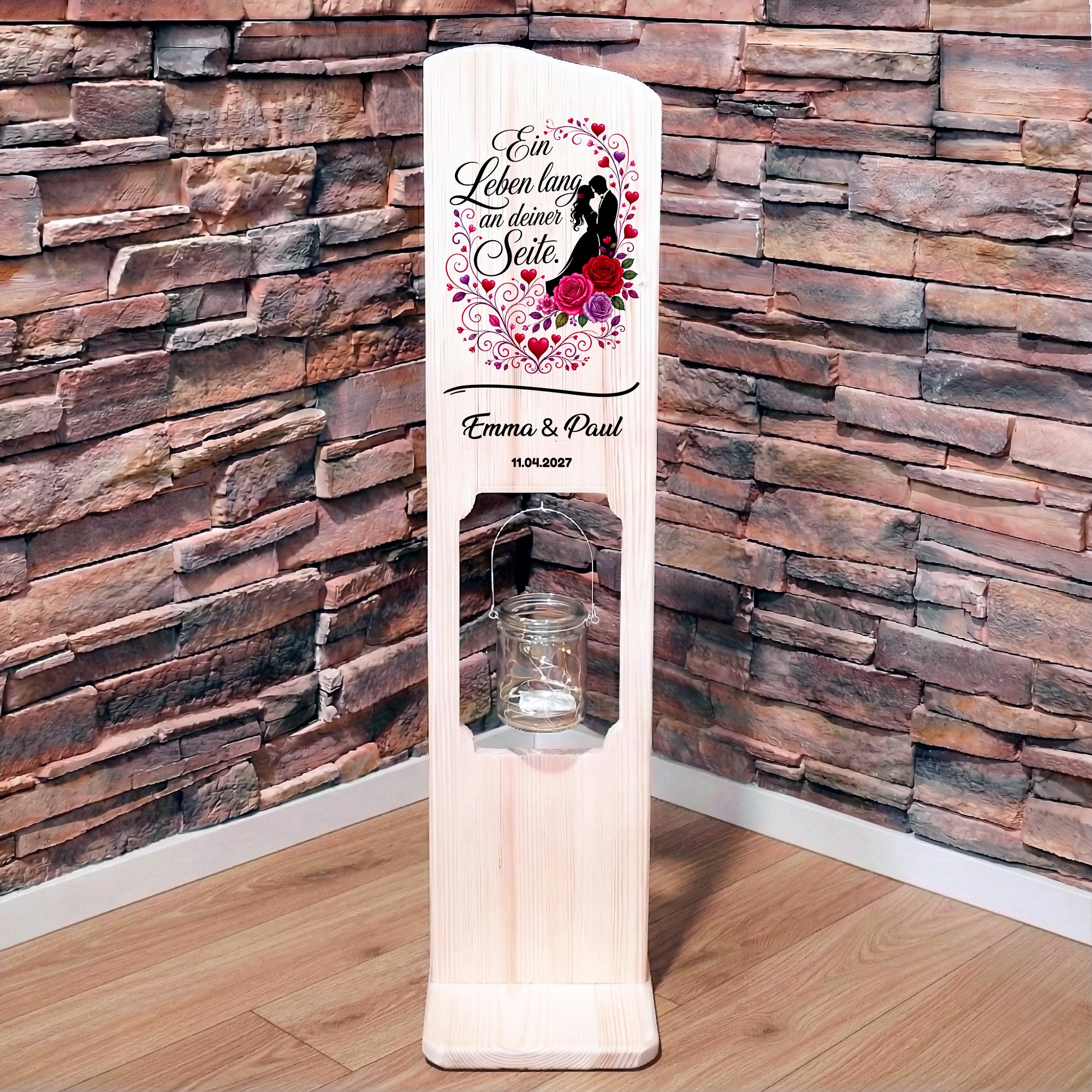 Holz Deko Schild – Ein Leben lang an deiner Seite – Farbiges Hochzeitsgeschenk mit Namen & Datum