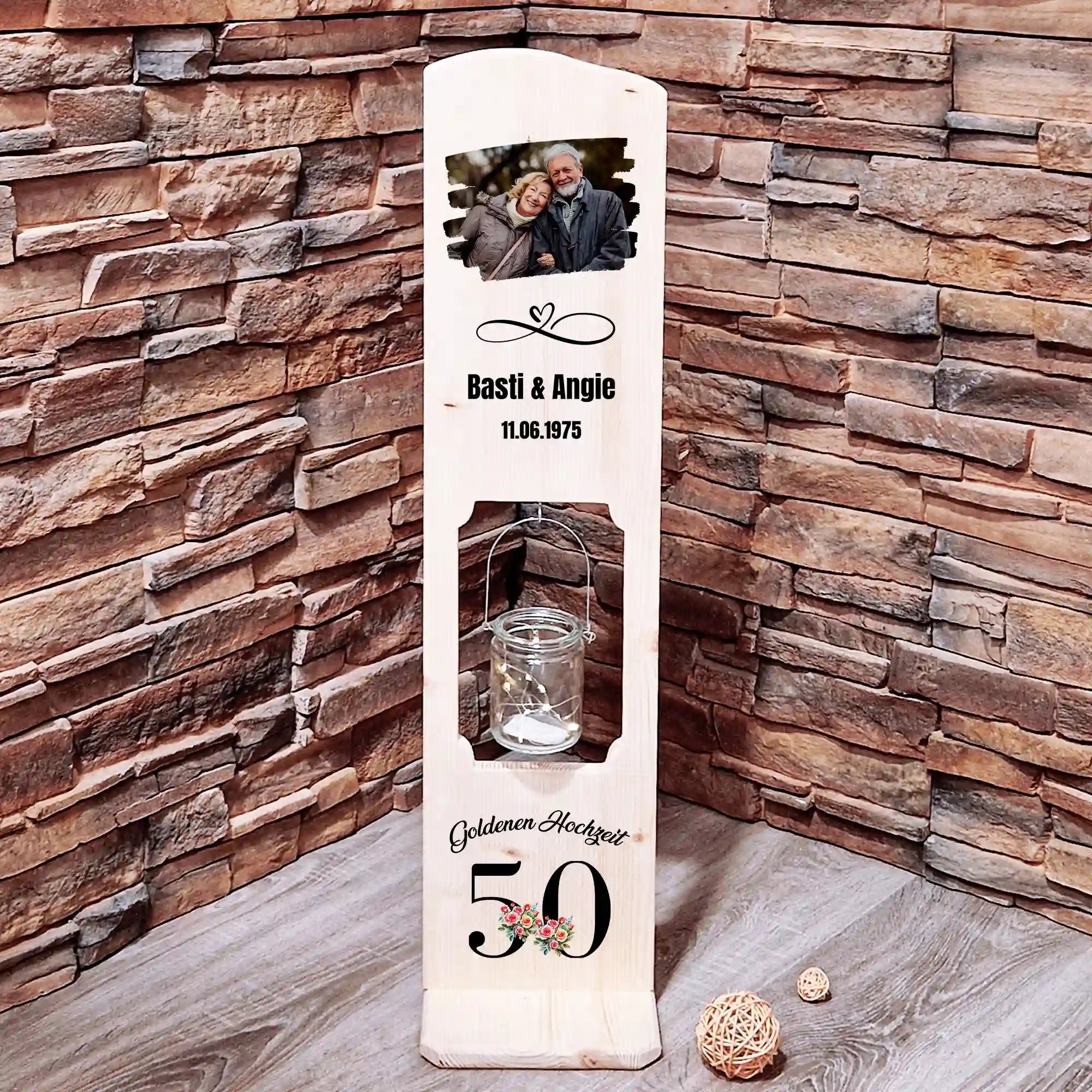 Holz Deko Schild - 50 jähriges Jubiläum Goldene Hochzeit personalisiert mit Foto, Namen & Datum