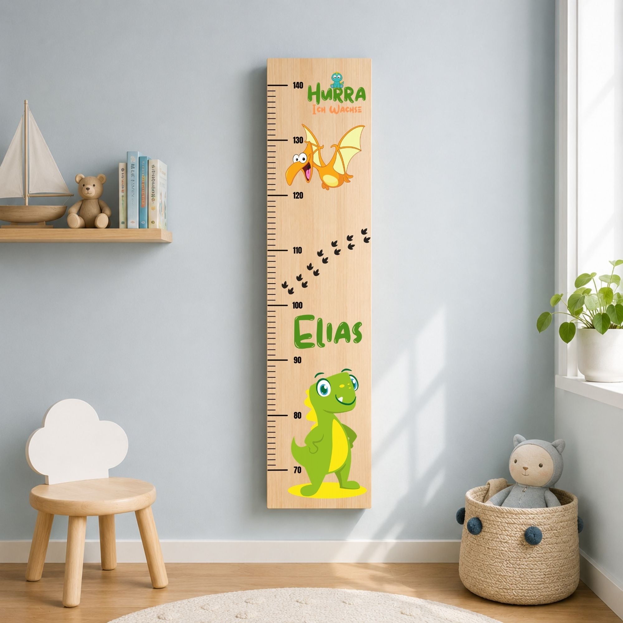 Kindermesslatte aus Holz – Dinosaurier – Personalisierte Messlatte für Kinder – Farbig bedruckt