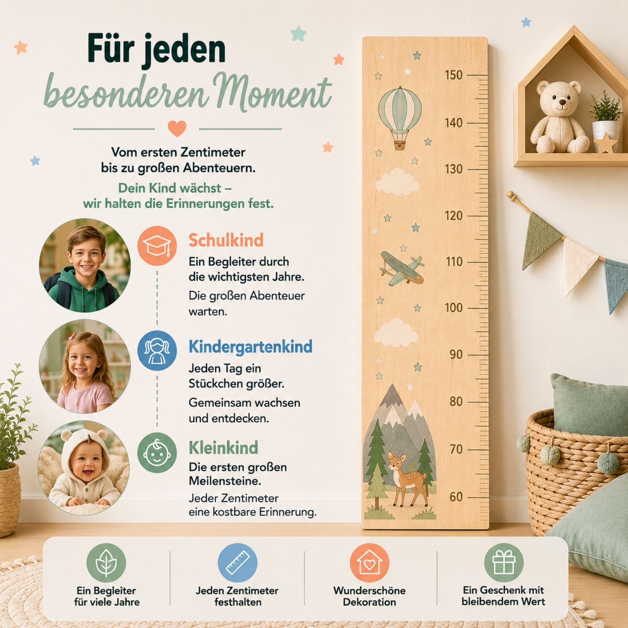 Kindermesslatte aus Holz – Dinosaurier – Personalisierte Messlatte für Kinder – Farbig bedruckt