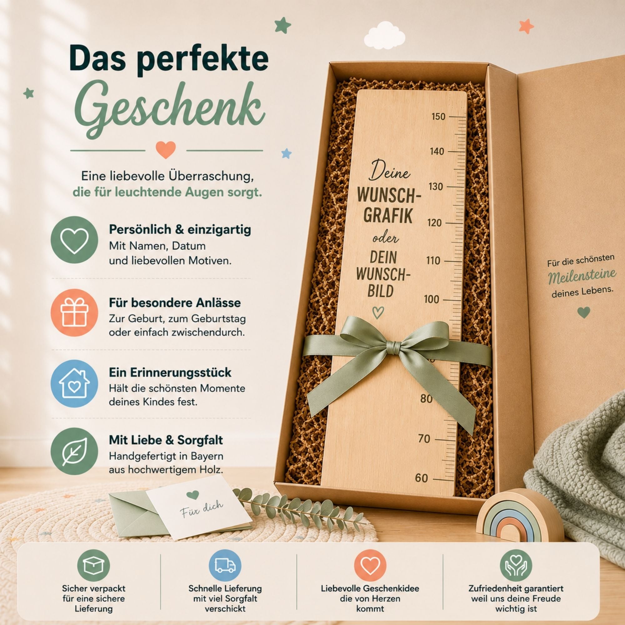 Kindermesslatte aus Holz – Dinosaurier – Personalisierte Messlatte für Kinder – Farbig bedruckt