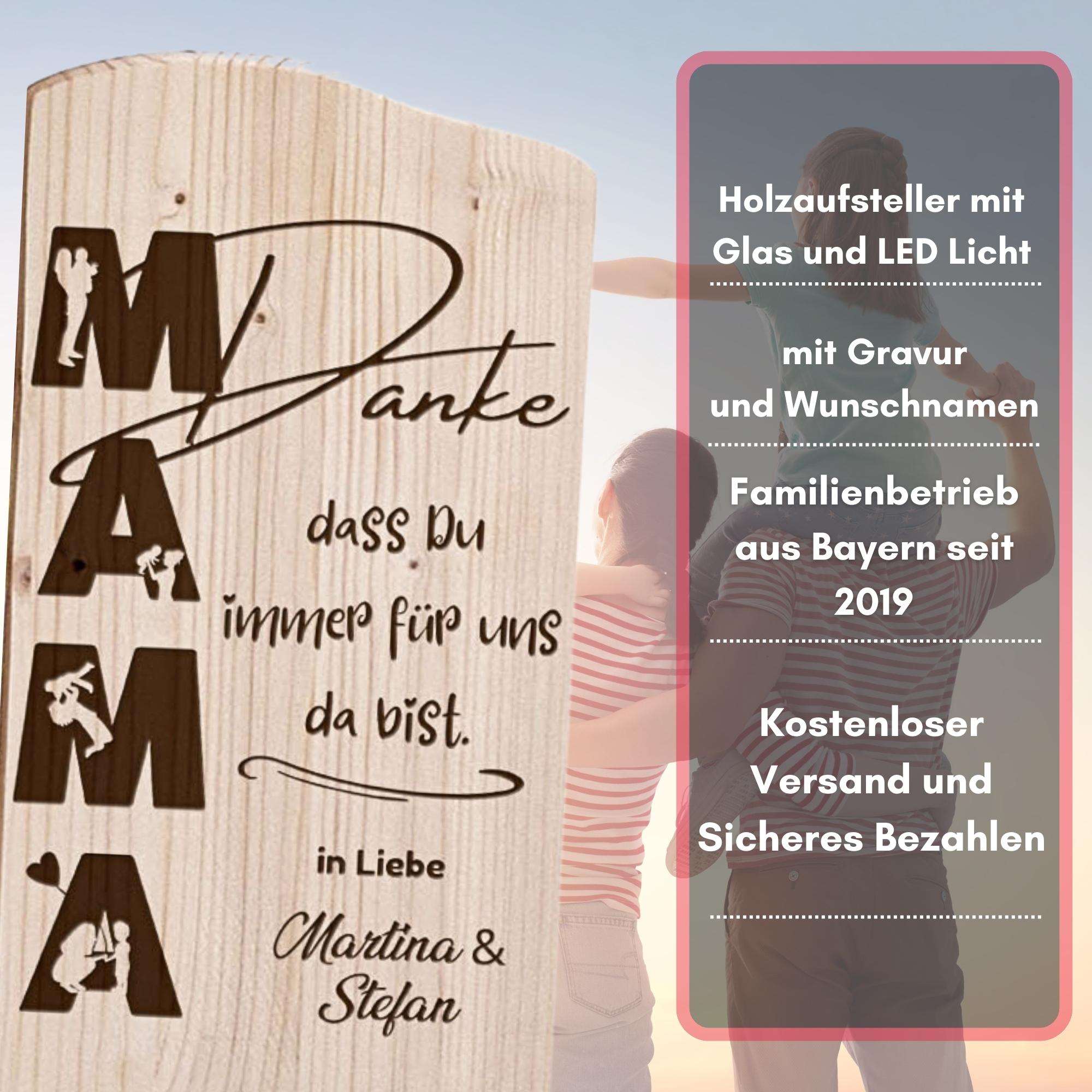 Danke Mama Geschenk , Holzaufsteller, Holzschild, Personalisiert - mit Namen der Kinder und einem Leuchtglas.