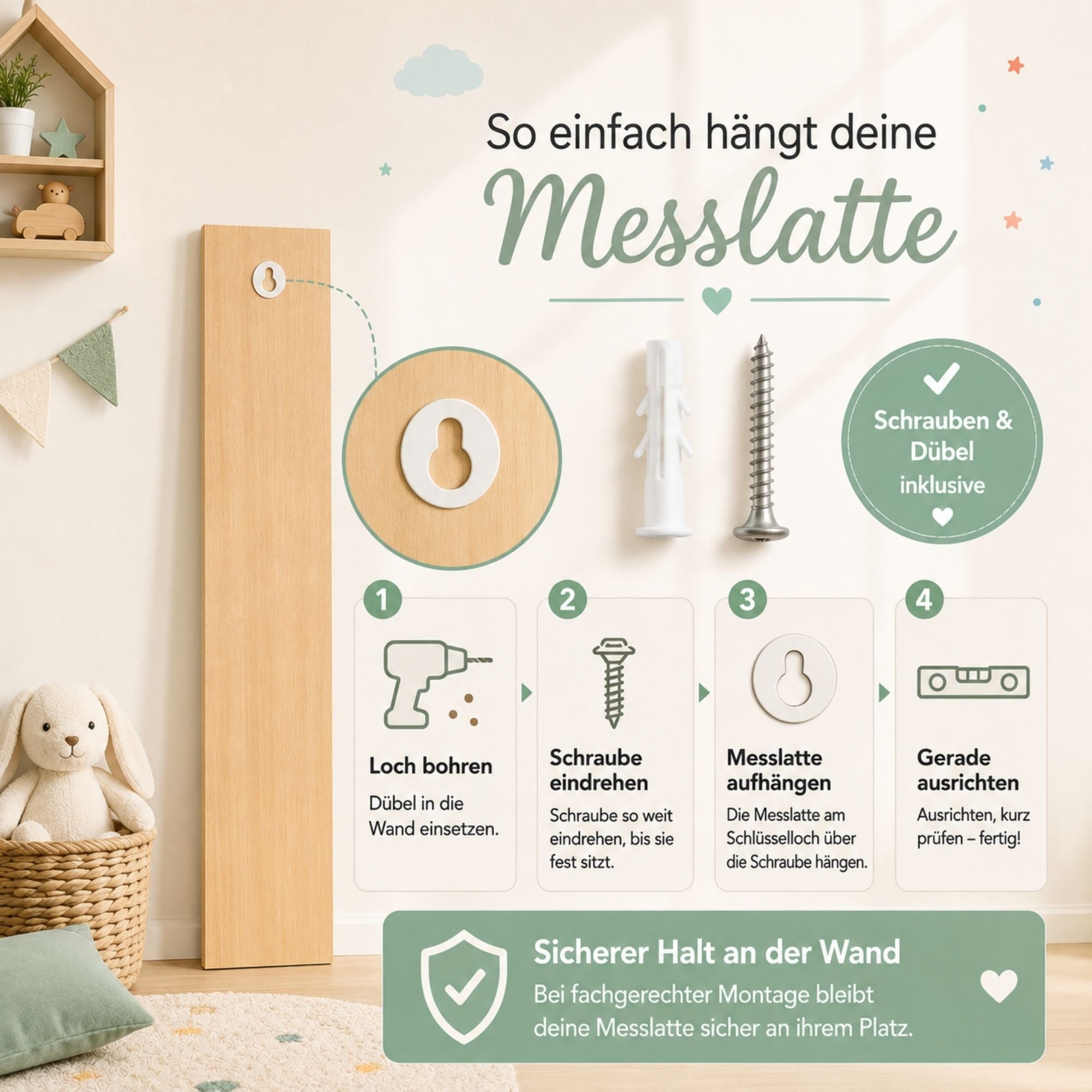 Kindermesslatte aus Holz – Dinosaurier – Personalisierte Messlatte für Kinder – Farbig bedruckt