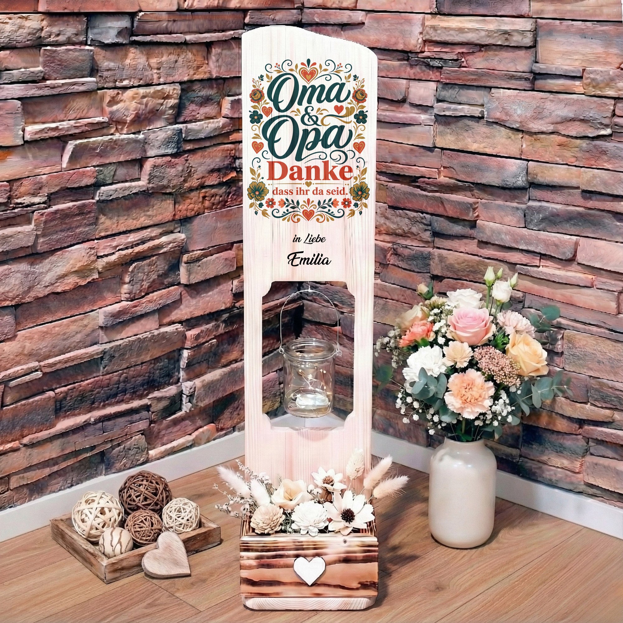 Holz Deko Schild – Oma & Opa, danke, dass ihr da seid – Farbig personalisiert mit Namen