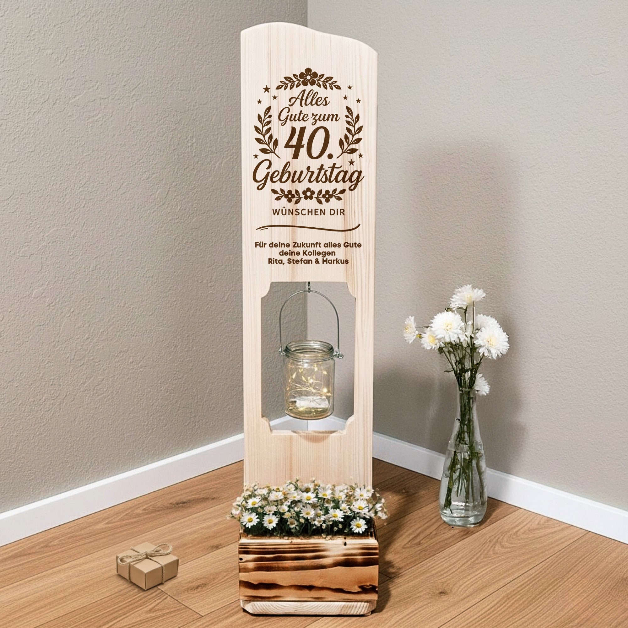 Geschenk zum runden Geburtstag personalisiert – Holzaufsteller mit Gravur & LED-Licht, Jubiläum Deko aus Holz, 40 50 60