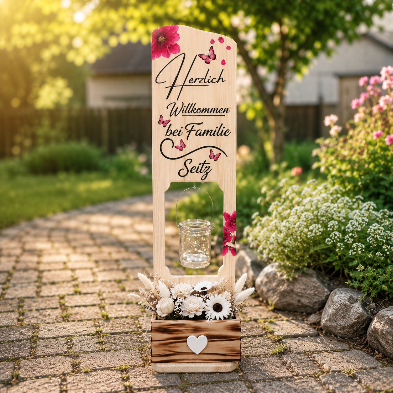 Holz Deko Schild – Herzlich Willkommen bei Familie – Personalisiert mit Familiennamen