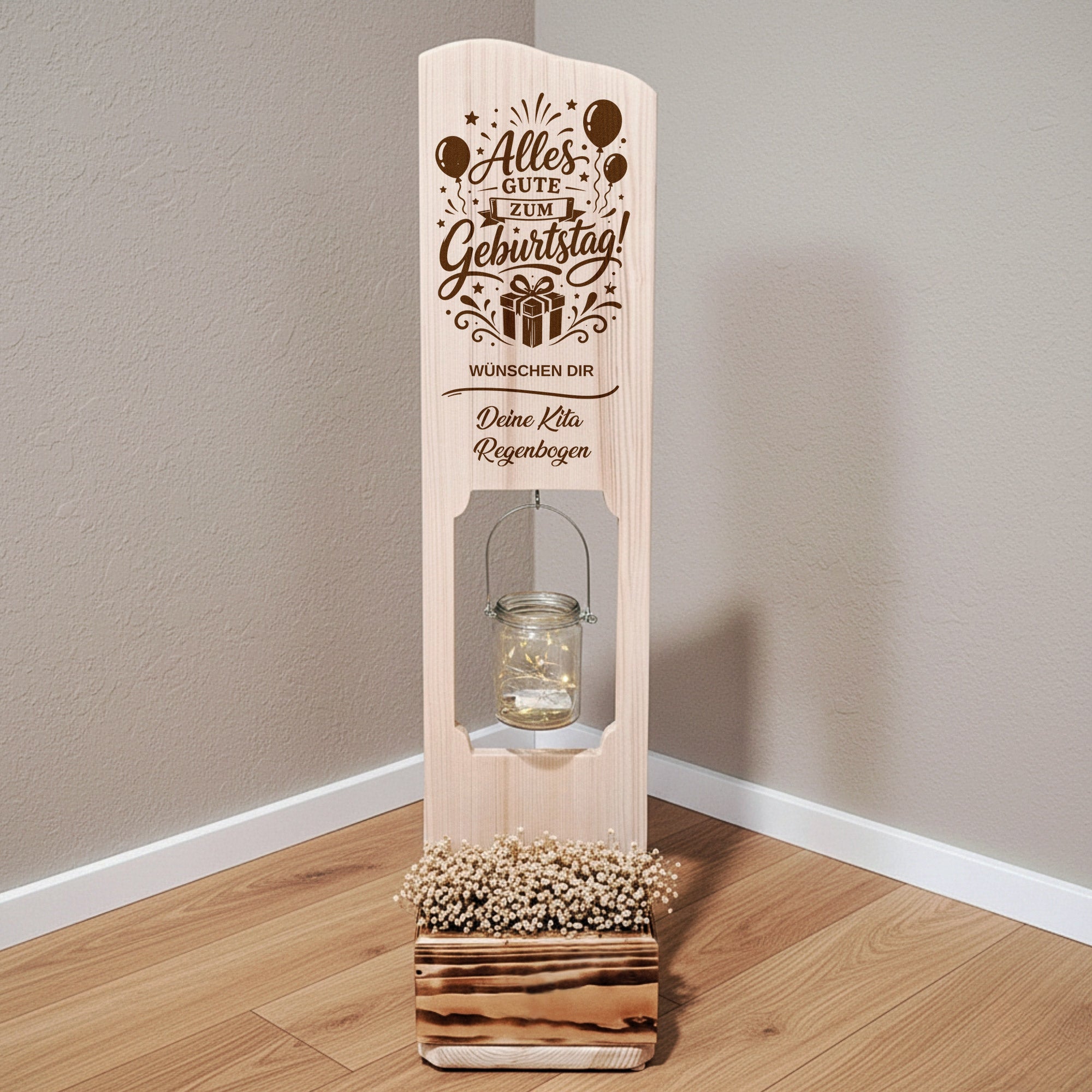 Holz Deko Schild – Geburtstagsgeschenk personalisiert – Alles Gute zum Geburtstag – Lasergravur mit Wunschtext & LED-Glas