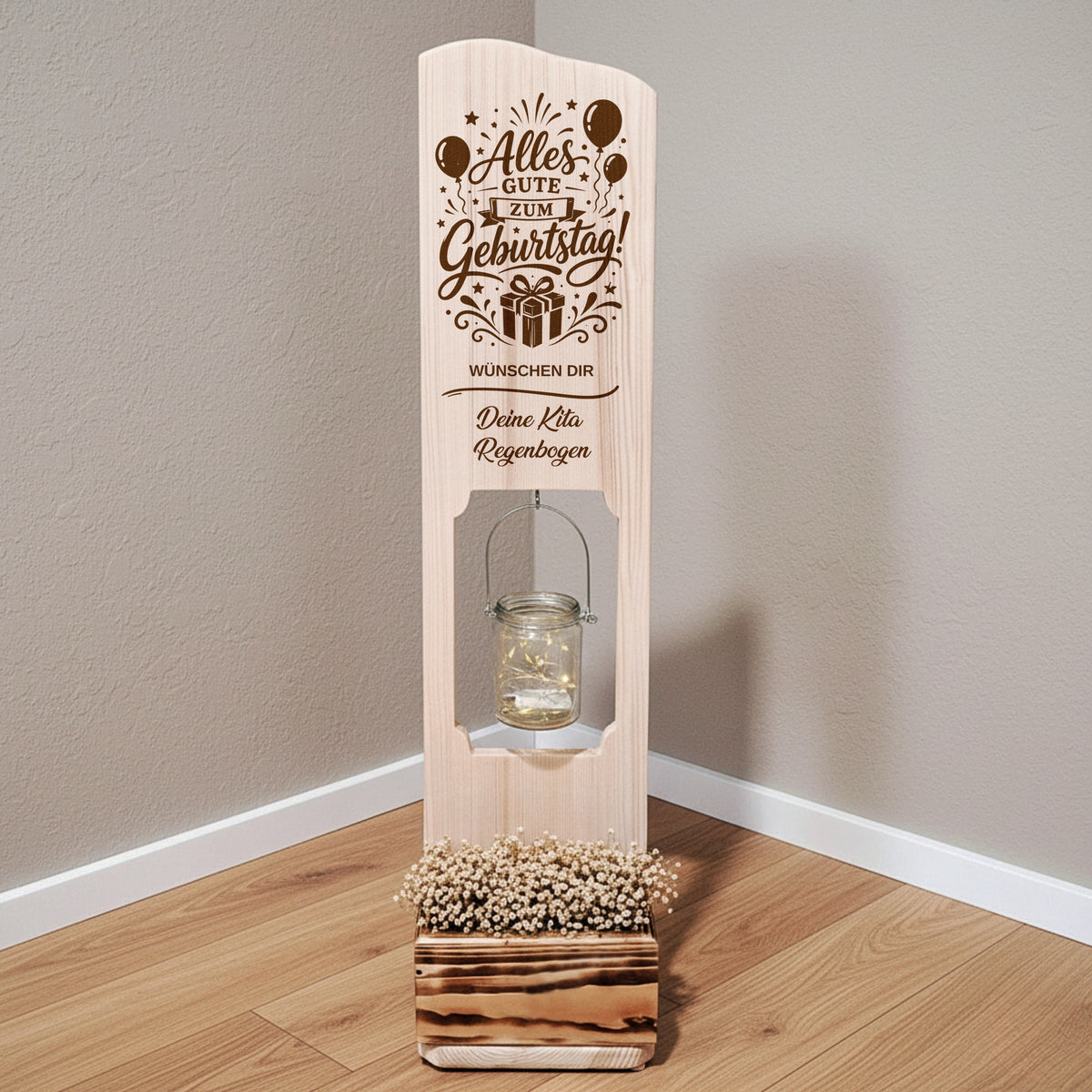 Holz Deko Schild – Geburtstagsgeschenk personalisiert – Alles Gute zum Geburtstag – Lasergravur mit Wunschtext & LED-Glas
