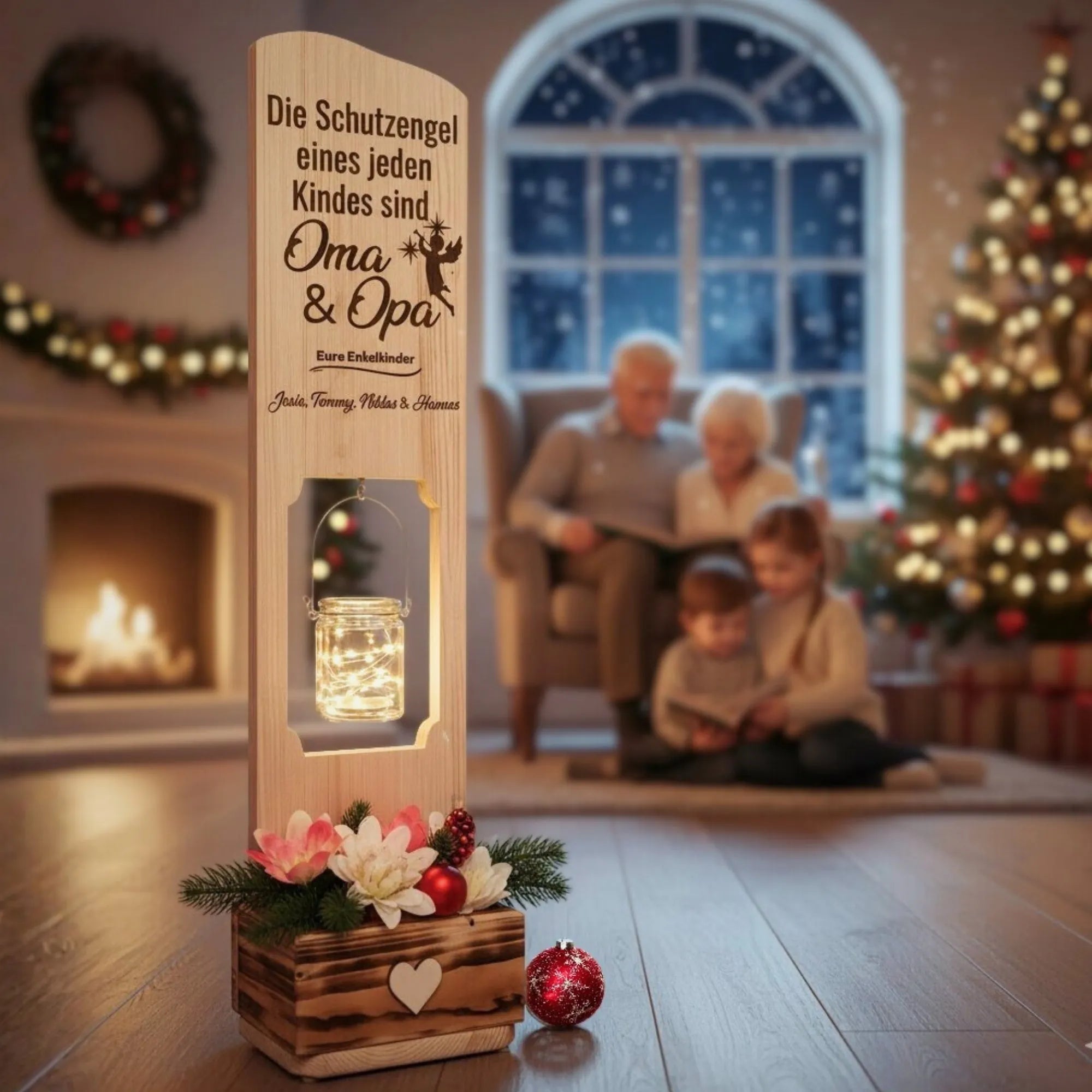 Holzaufsteller Oma und Opa mit Spruch personalisiert mit Namen der Enkelkinder und einer Laterne
