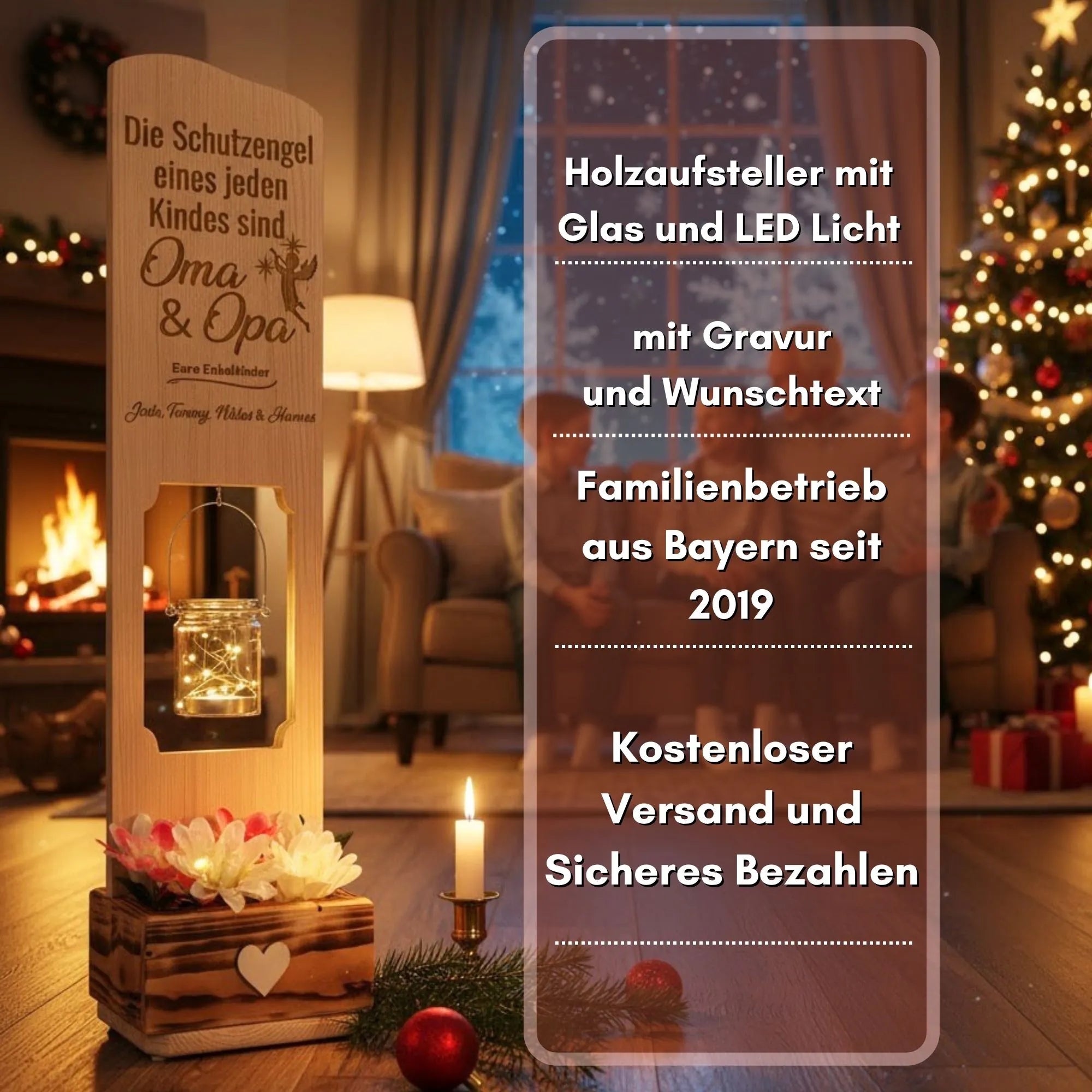 Holzaufsteller Oma und Opa mit Spruch personalisiert mit Namen der Enkelkinder und einer Laterne