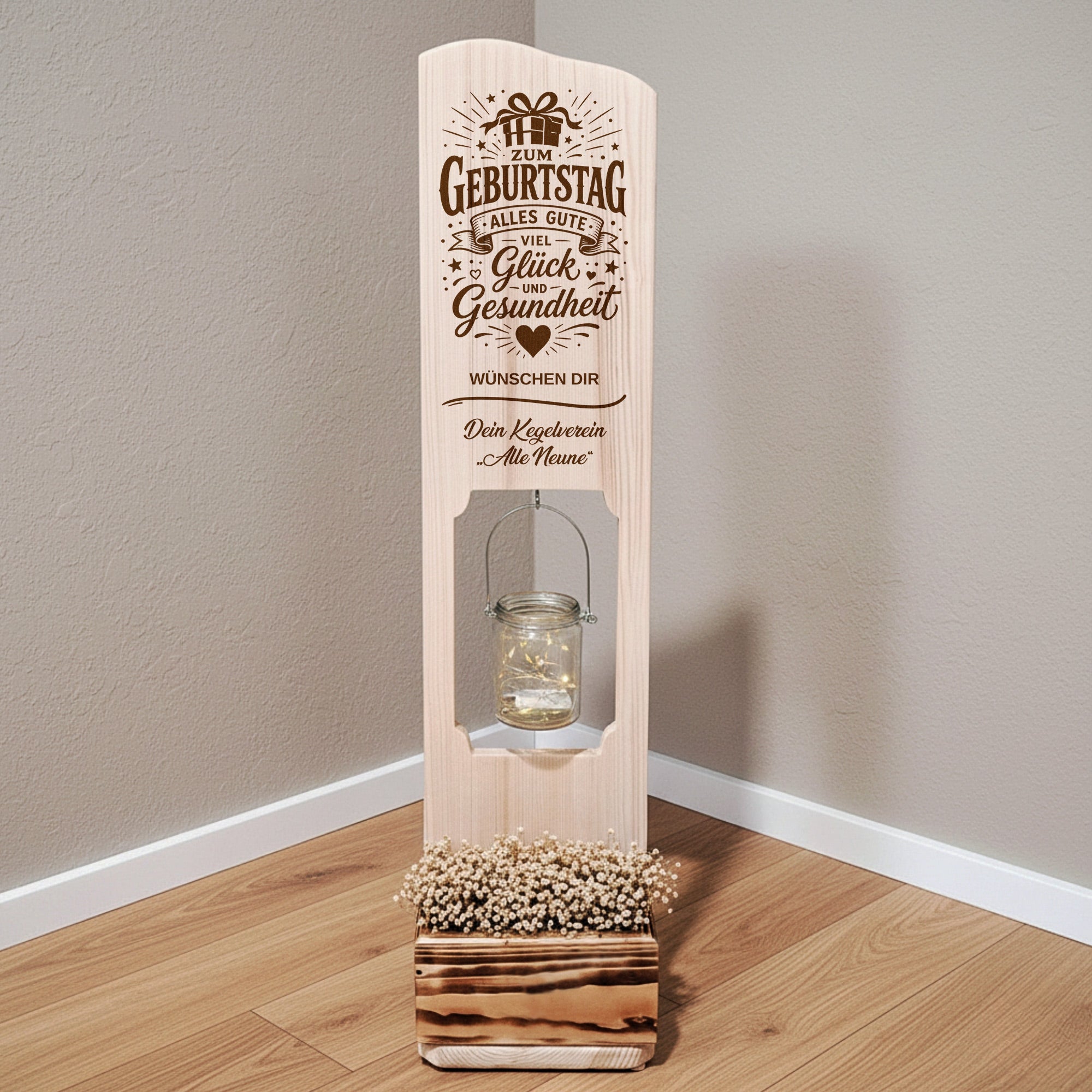 Holz Deko Schild – Geburtstagsgeschenk personalisiert – Lasergravur mit Wunschtext & LED-Glas