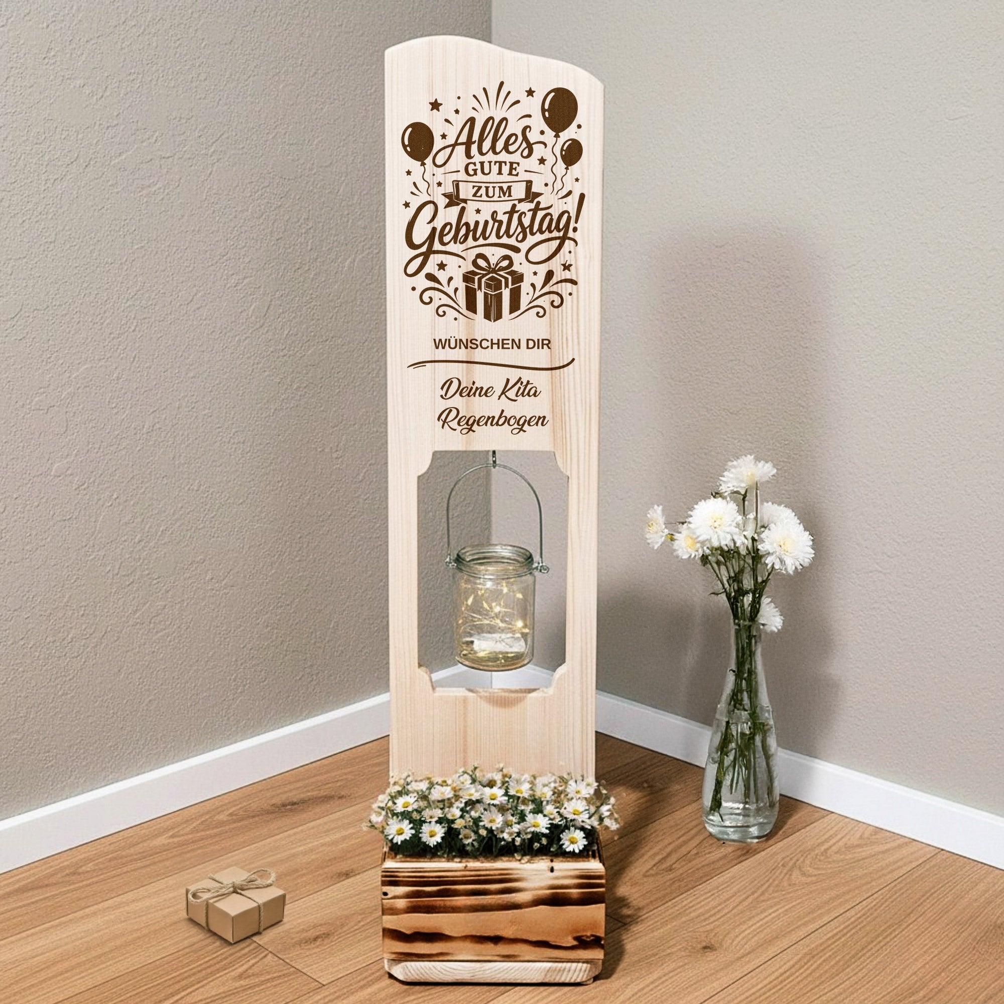 Holz Deko Schild – Geburtstagsgeschenk personalisiert – Alles Gute zum Geburtstag – Lasergravur mit Wunschtext & LED-Glas