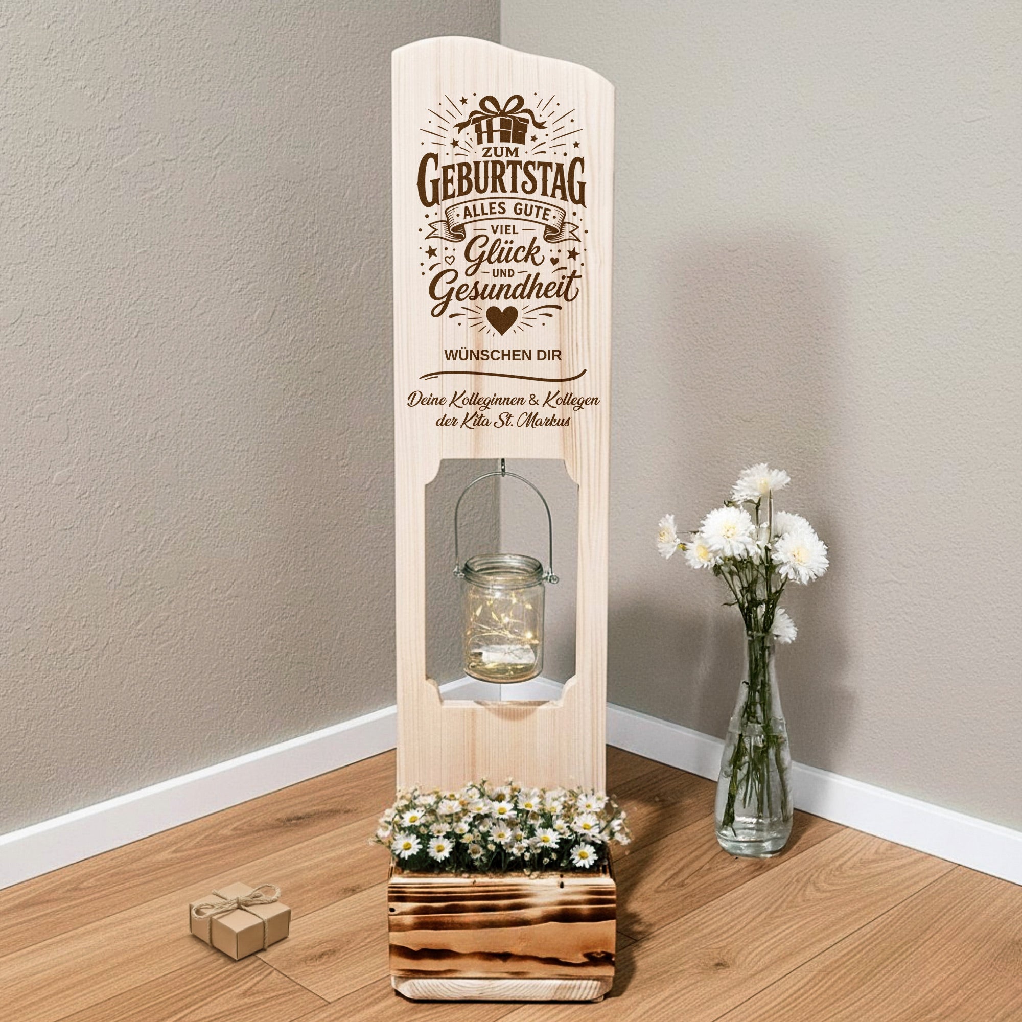 Holz Deko Schild – Geburtstagsgeschenk personalisiert – Lasergravur mit Wunschtext & LED-Glas