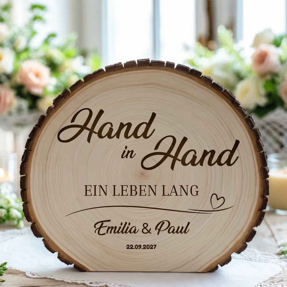 Baumscheibe – Personalisiert mit Namen & Datum – Hand in Hand ein Leben lang