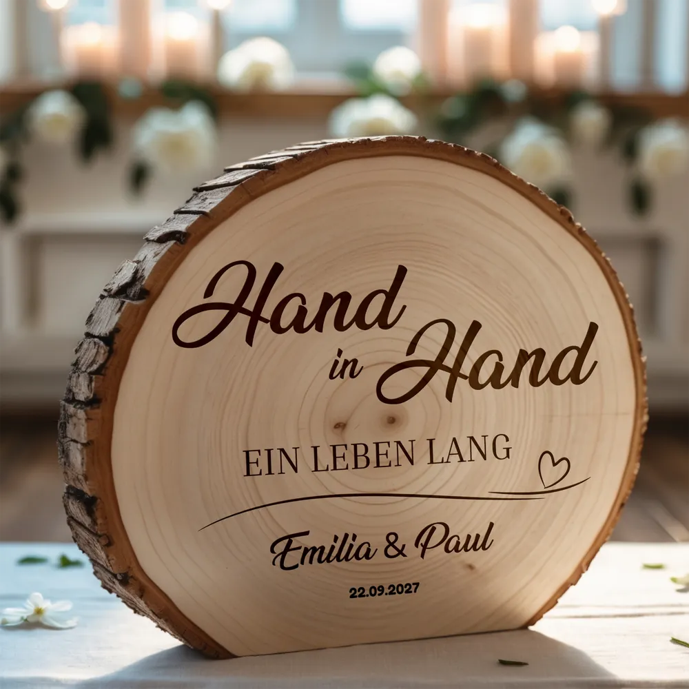 Baumscheibe – Personalisiert mit Namen & Datum – Hand in Hand ein Leben lang