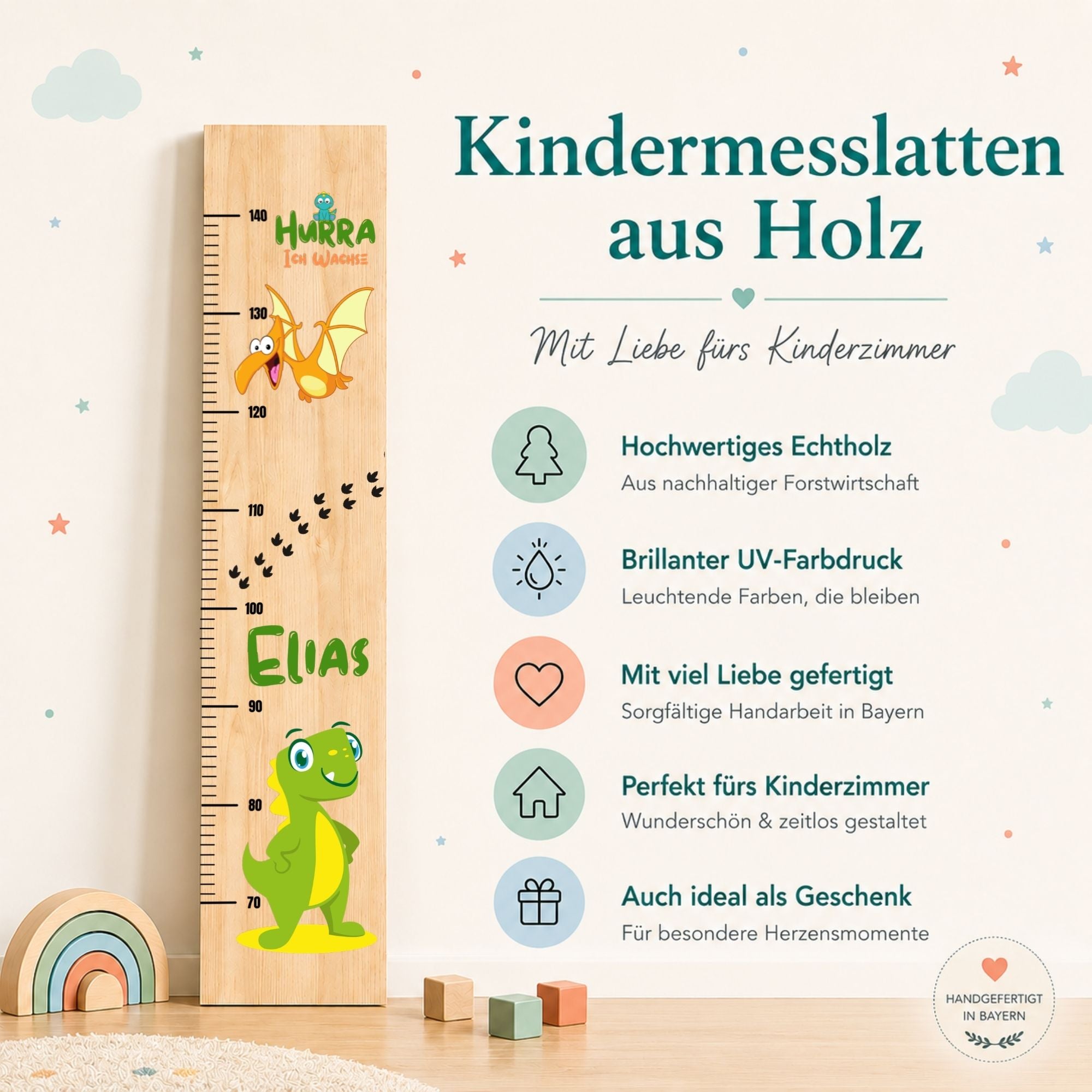 Kindermesslatte aus Holz – Dinosaurier – Personalisierte Messlatte für Kinder – Farbig bedruckt