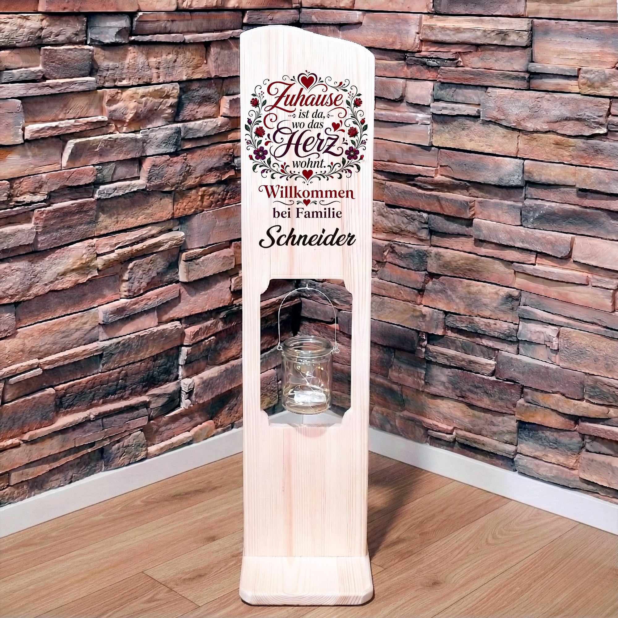 Holz Deko Schild – Zuhause ist da, wo das Herz wohnt – Personalisiertes Familienschild mit Familiennamen – Farbig bedruckt