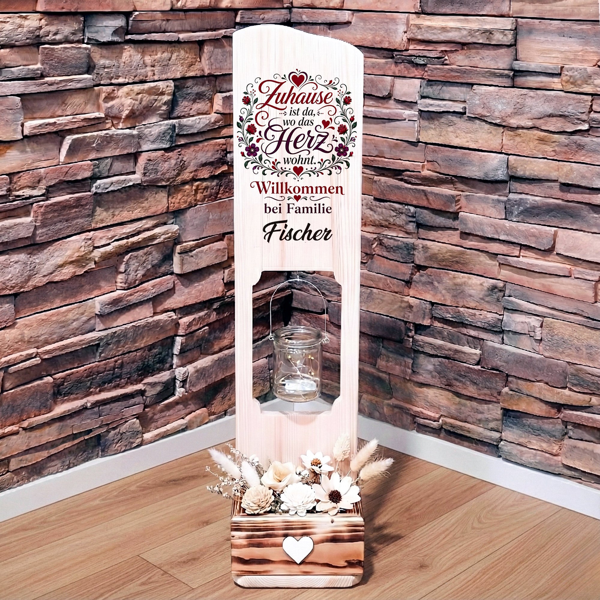 Holz Deko Schild – Zuhause ist da, wo das Herz wohnt – Personalisiertes Familienschild mit Familiennamen – Farbig bedruckt
