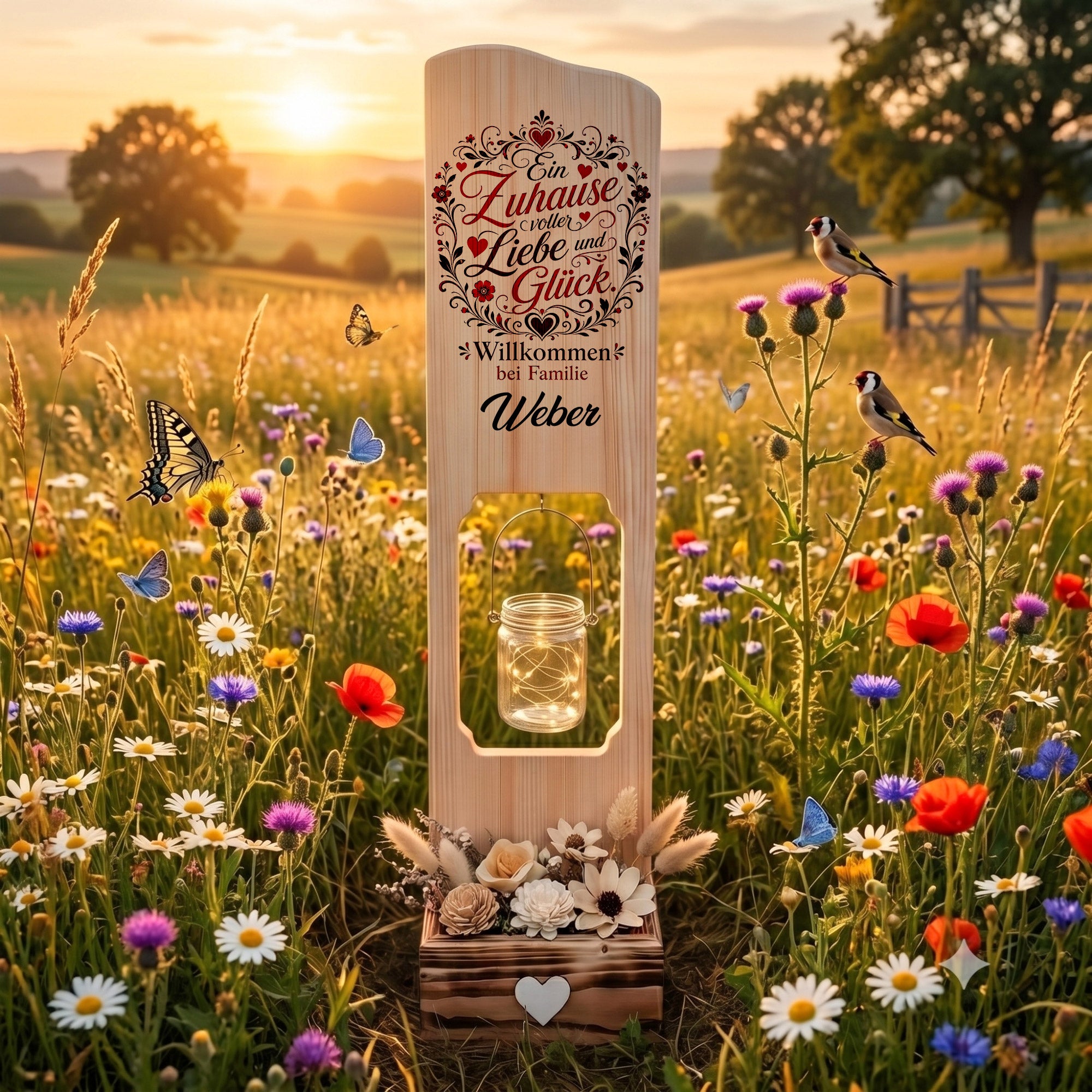 Holz Deko Schild – Herzlich Willkommen bei Familie – Personalisiertes Familienschild mit Familiennamen – Farbig bedruckt