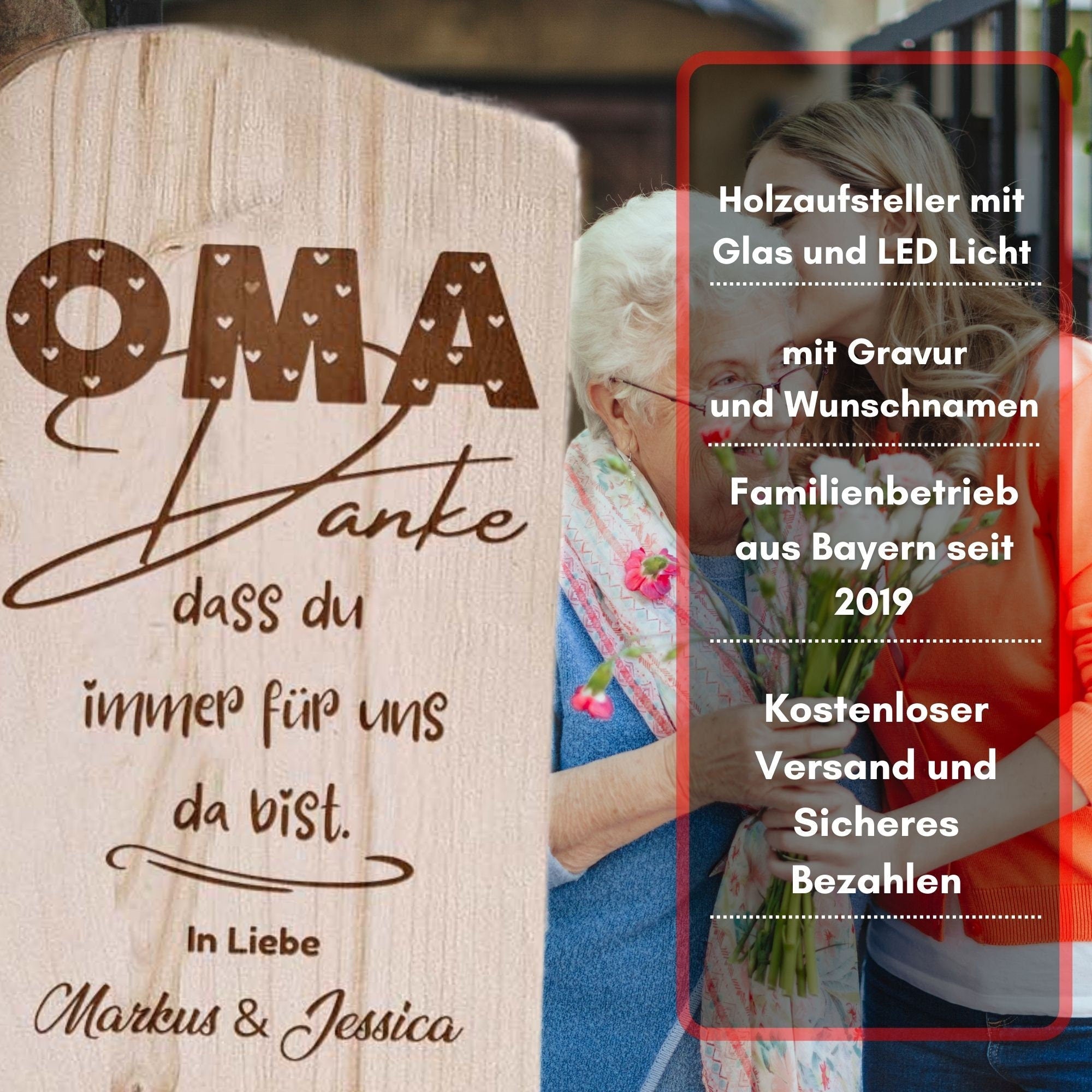 Holzaufsteller für die Oma Personalisierbar mit Namen der Enkelkinder und einer leuchtenden Laterne