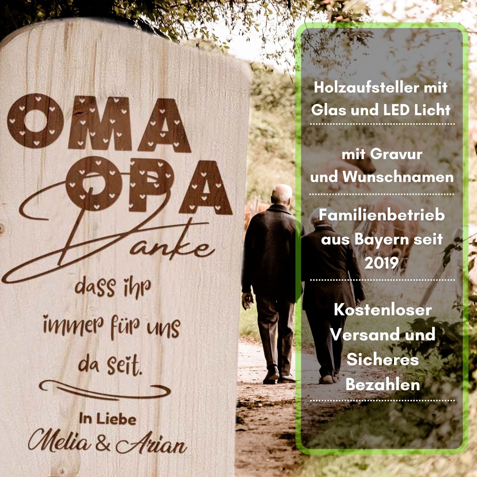 Holzaufsteller Oma und Opa Geschenk personalisiert mit Namen der Enkel und einer Laterne