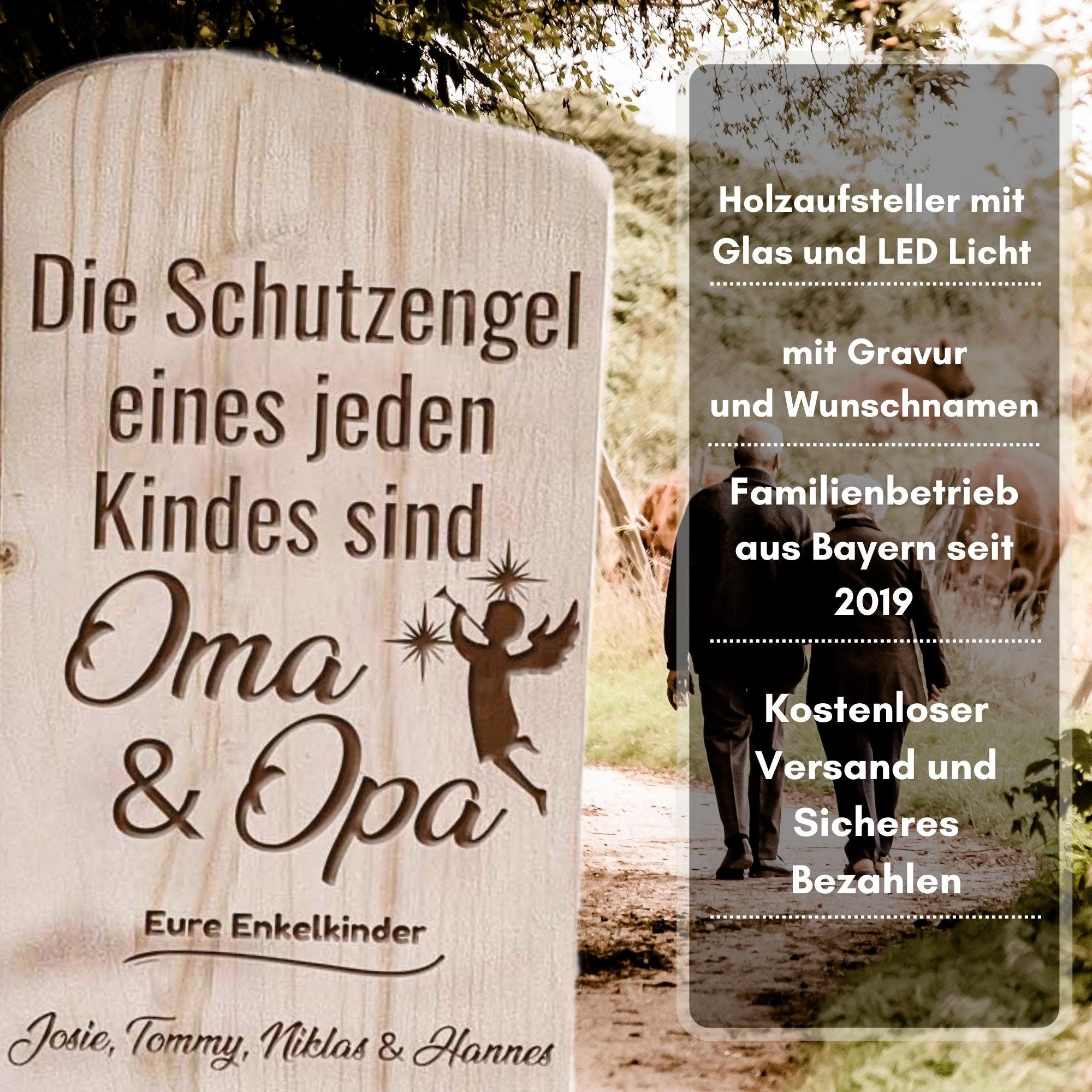 Holzaufsteller Oma und Opa mit Spruch personalisiert mit Namen der Enkelkinder und einer Laterne