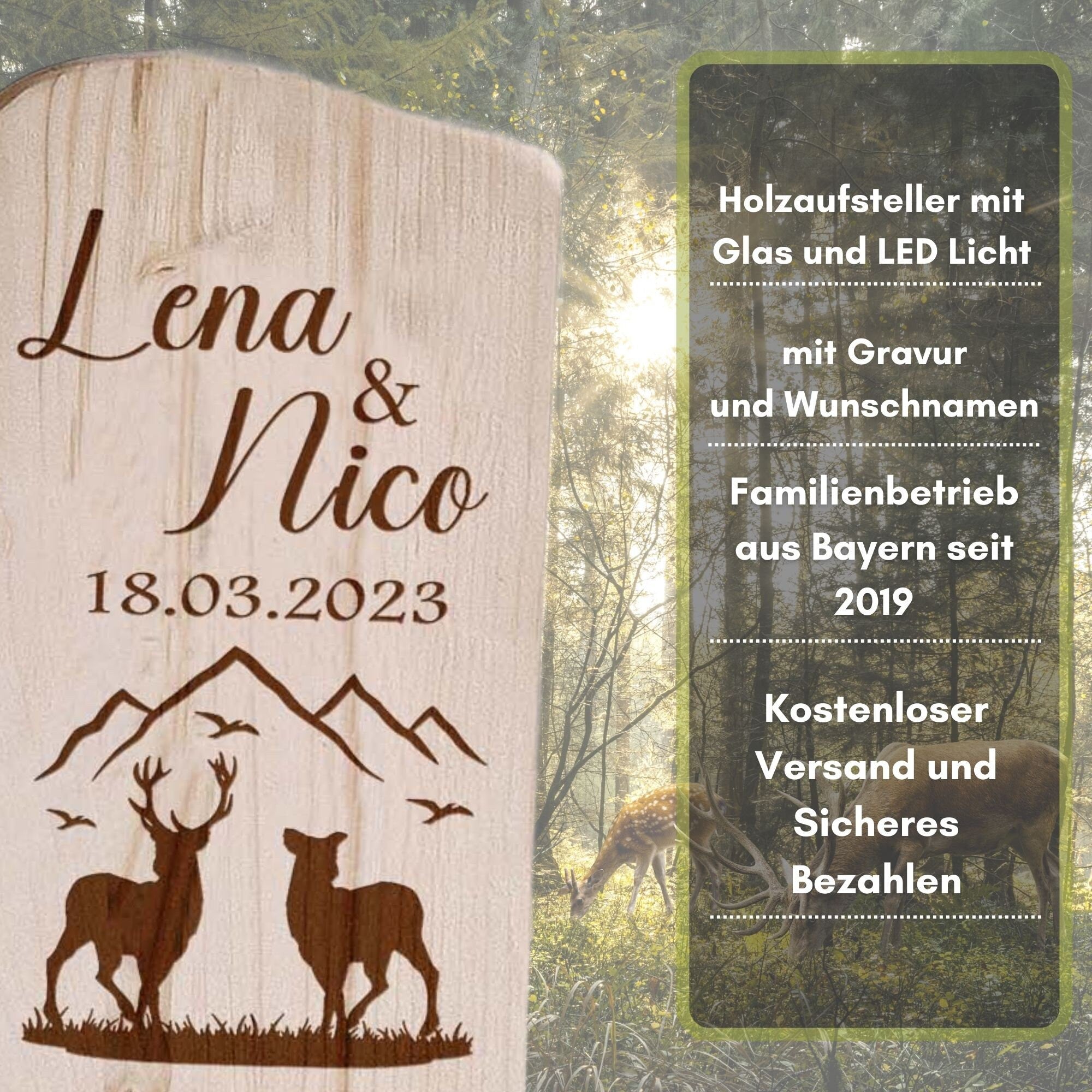 Holzaufsteller Hochzeitsgeschenk - Hirschmotive personalisiert mit Namen und Datum