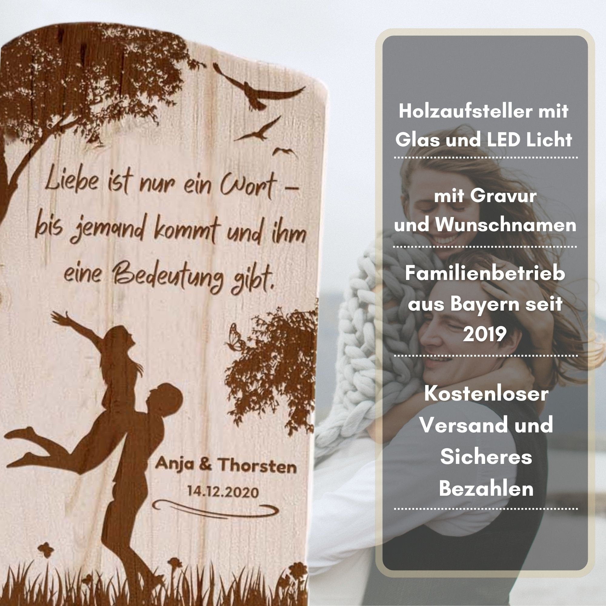 Holzaufsteller Hochzeitsgeschenk - Holzschild personalisiert mit Namen und Datum