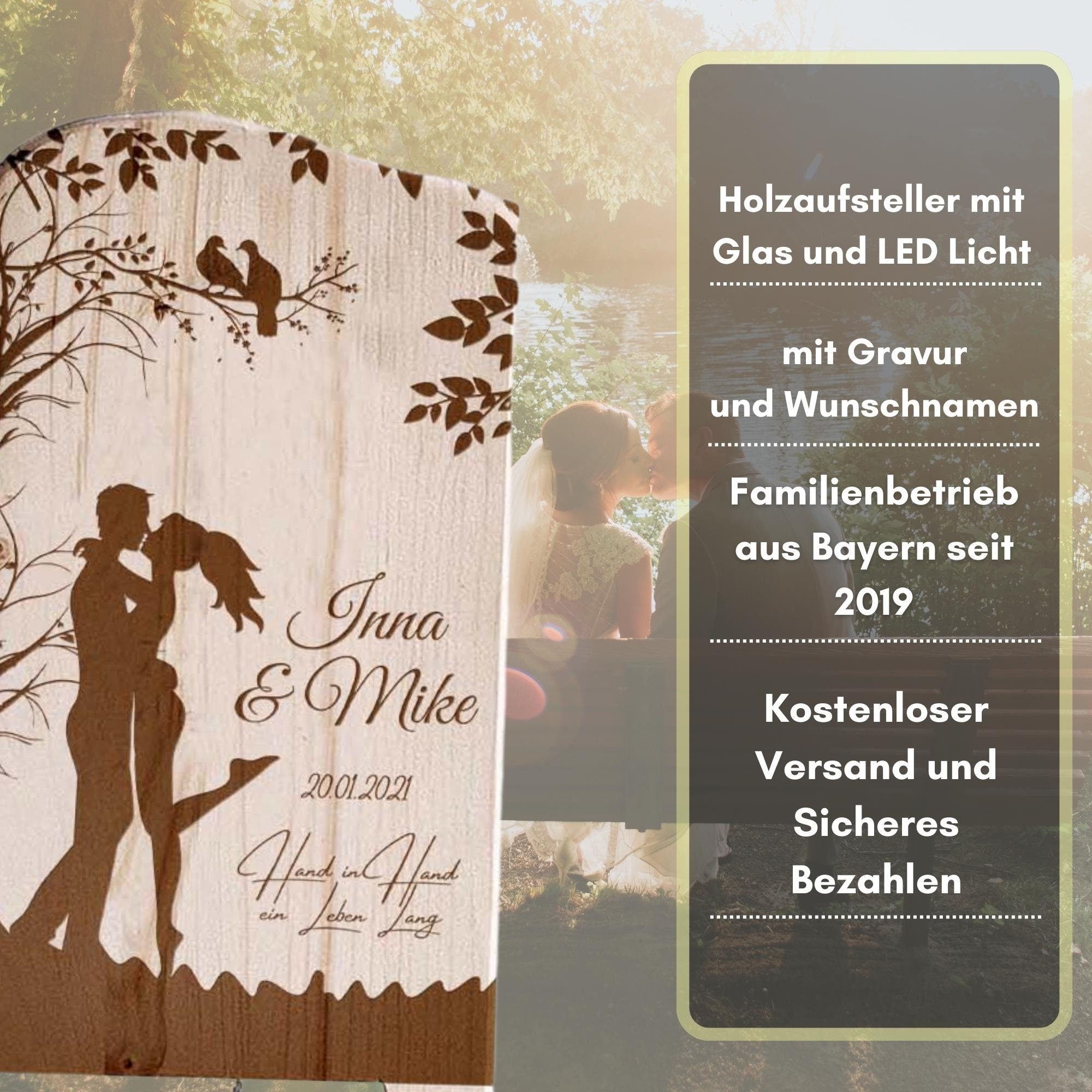 Personalisierter Holzaufsteller mit Laterne - Hochzeitsgeschenk mit Namen und Datum des Brautpaares - Romantische Dekoration für Zuhause