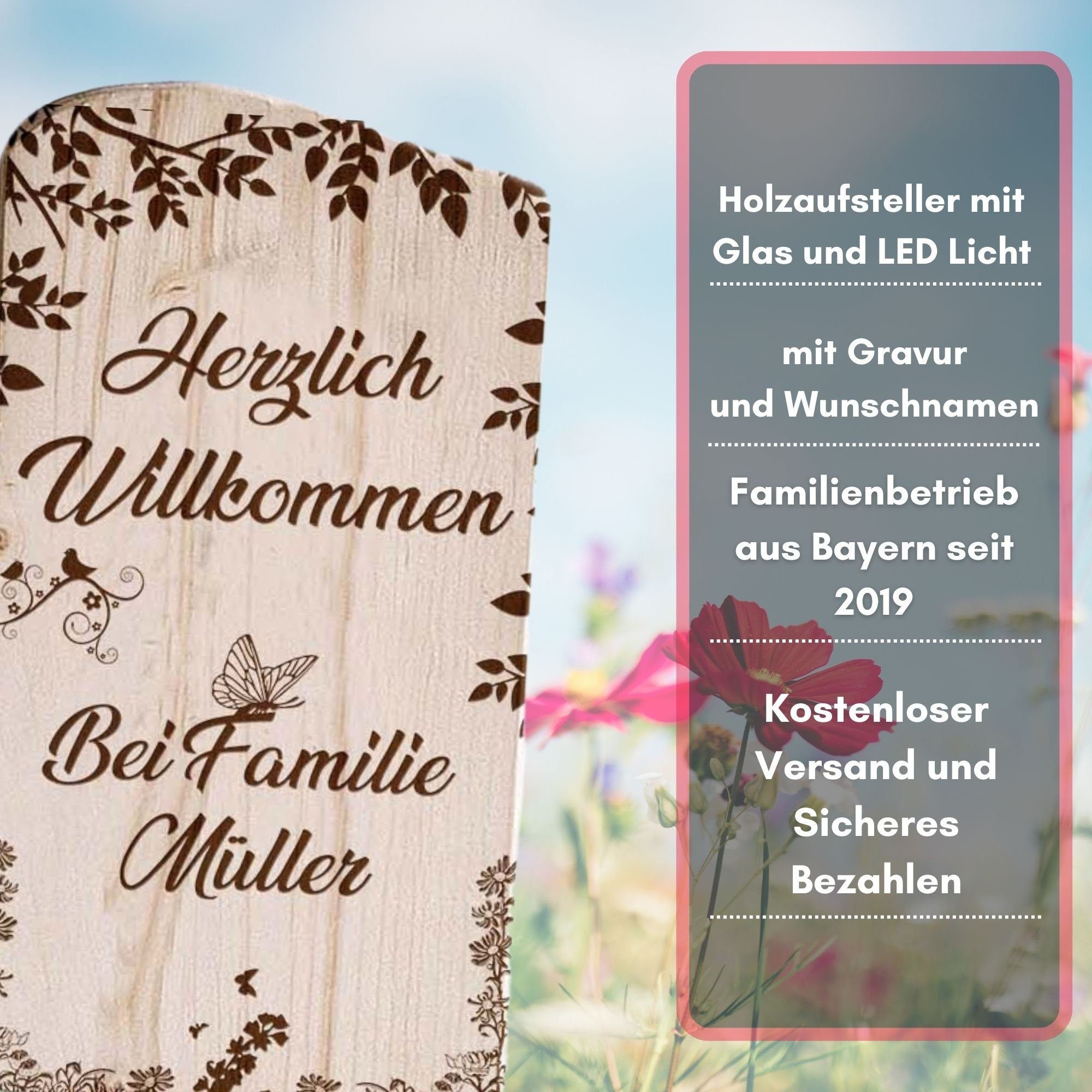 Holz Deko Schild -  mit Gravur Familiennamen personalisiert, Familien Holzschild mit Laterne